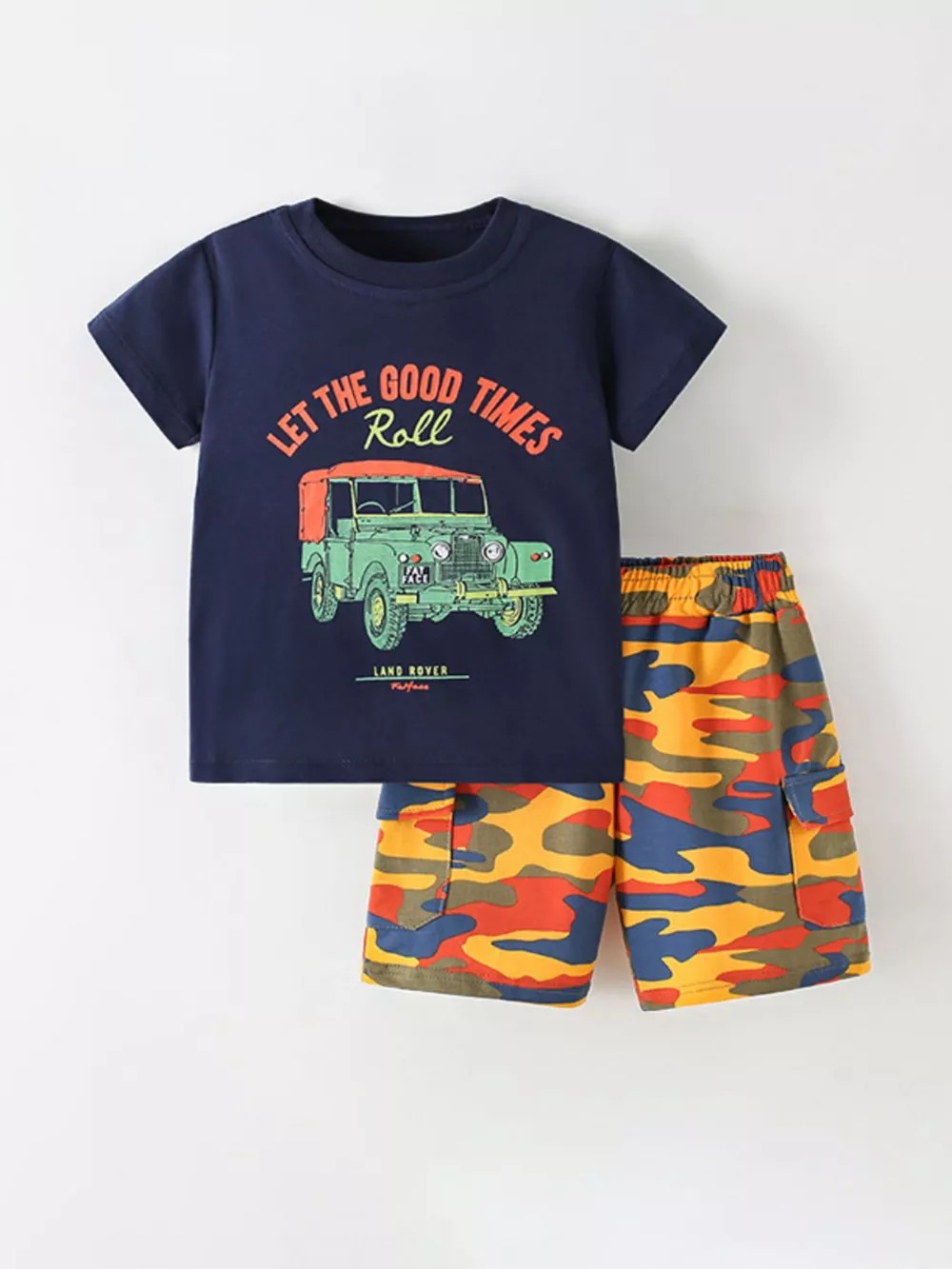 Children's Cartoon Graphic Tee & Camo Shorts Set