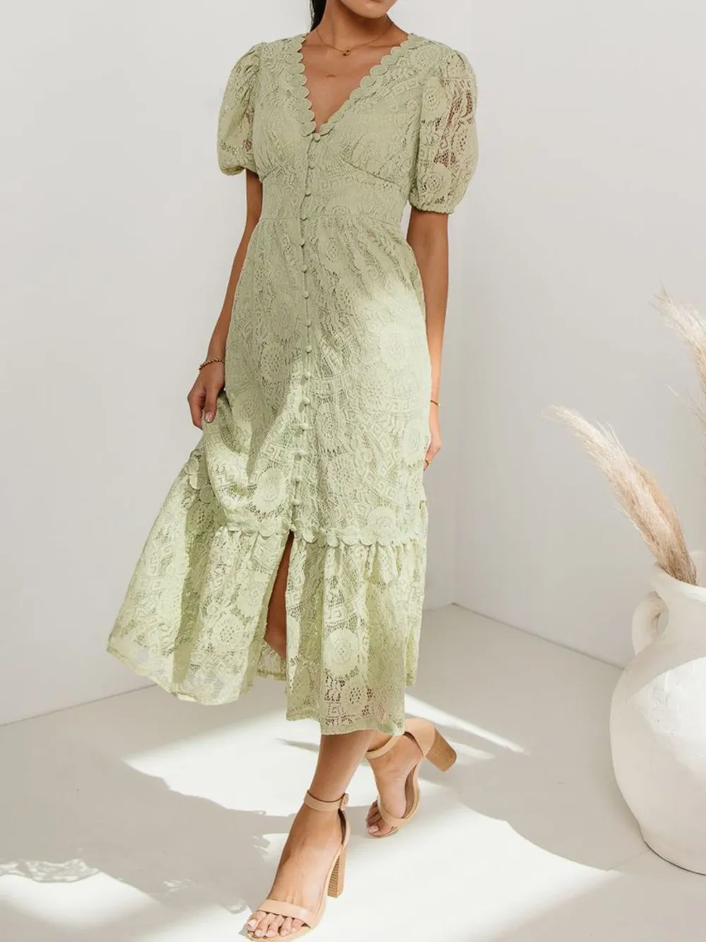 Lace V-Neck Short Sleeve Dress, image 11