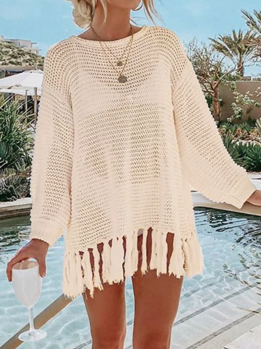Openwork Tassel Hem Long Sleeve Knit Cover Up, image 13