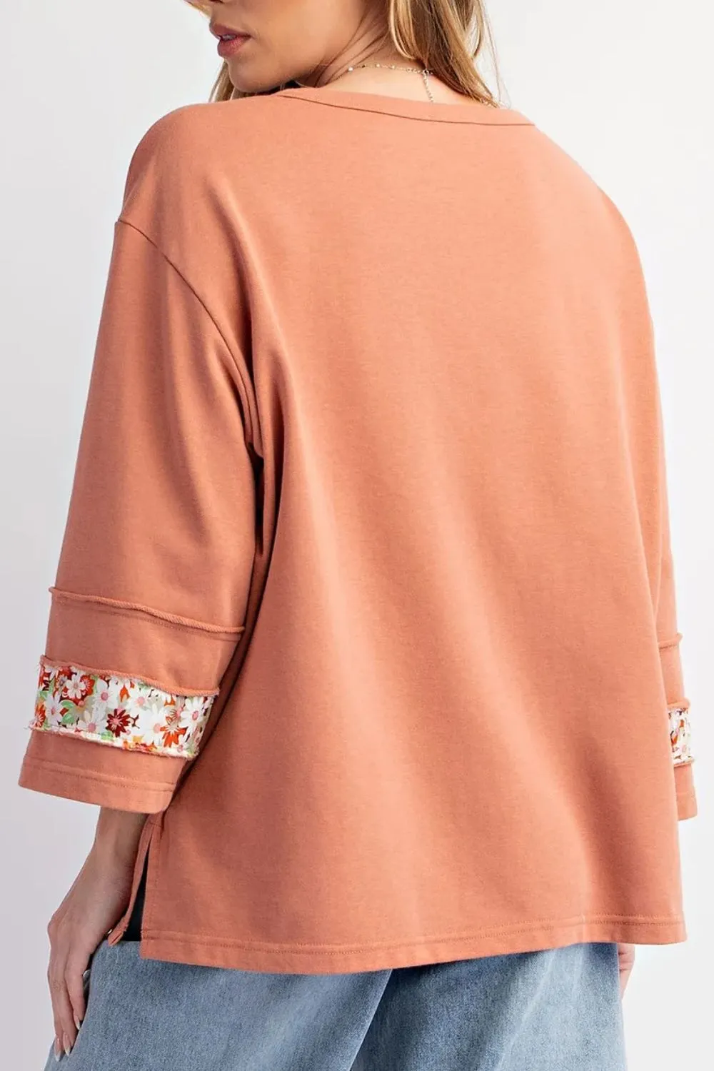 Exposed Seam Slit Floral Round Neck Blouse, image 7