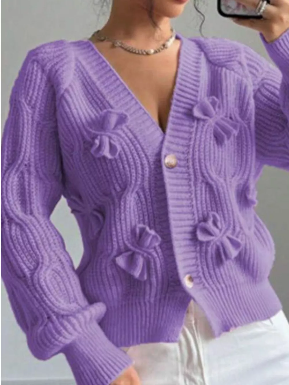 Bow Cable Knit V-Neck Cardigan, image 13