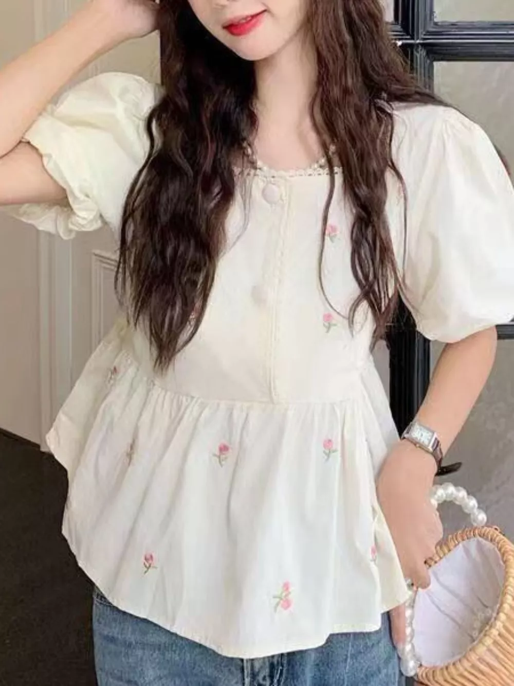 Floral Embroidered Puff Sleeve Peplum Blouse, image 8