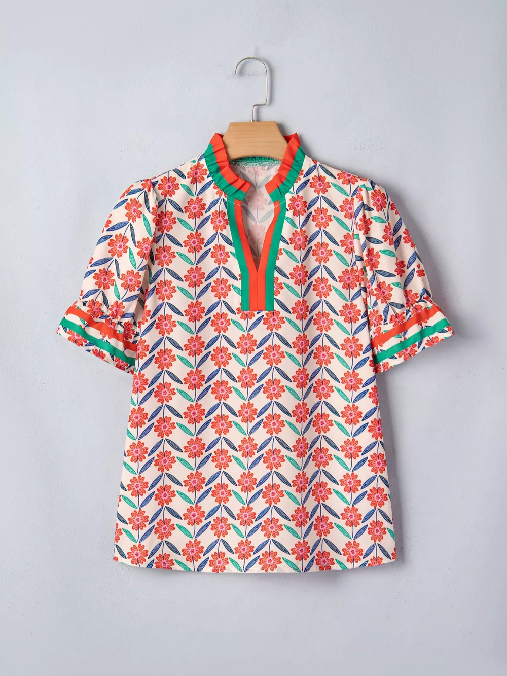 Floral Print Striped Detail V Neck Ruffled Short Sleeve Blouse, image 4