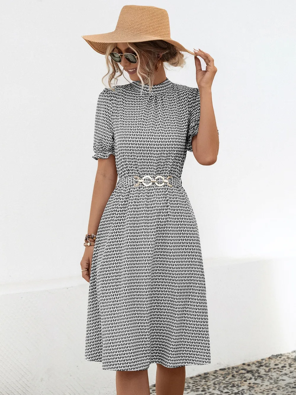 Printed Mock Neck Flounce Sleeve Dress, image 9