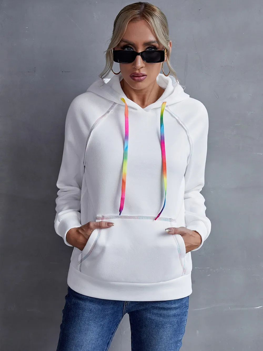 Contrast Stitching Drawstring Raglan Sleeve Hoodie, image 9