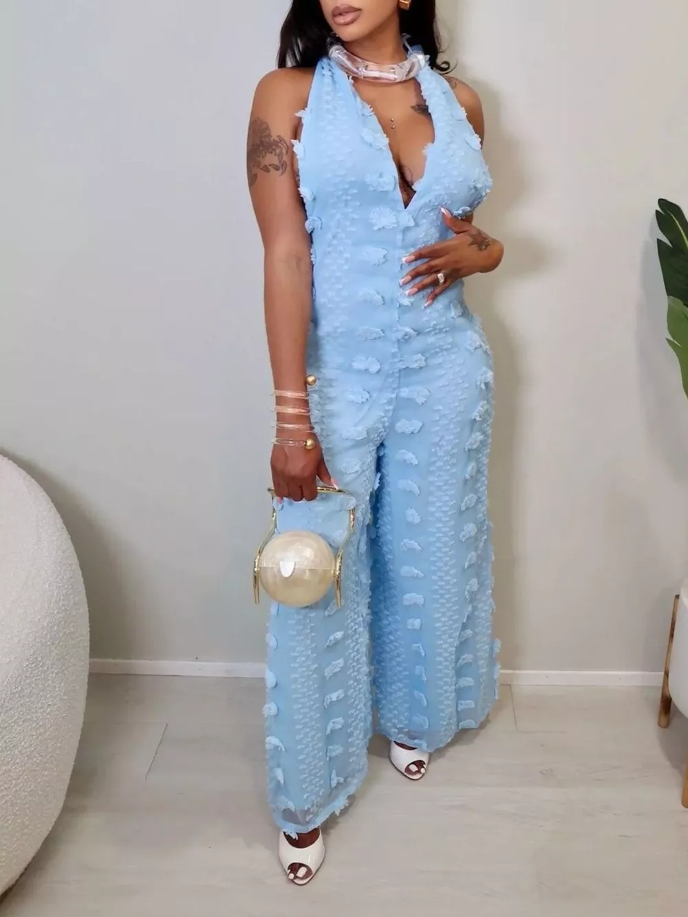 Textured Halter Wide-Leg Jumpsuit, image 6