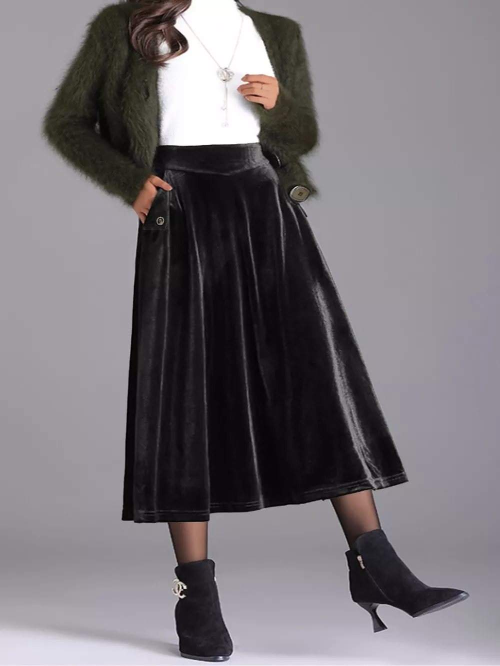 Plus Size Elegant Velvet A-Line Midi Skirt, image 2
