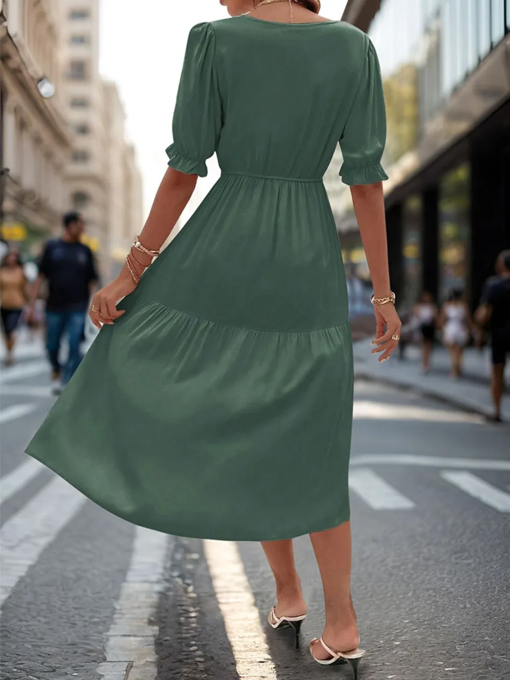 Ruched V-Neck Half Sleeve Midi Dress, image 11