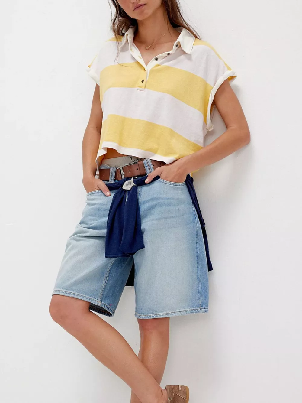 Half Button Striped Short Sleeve Cropped Polo Shirt, image 8