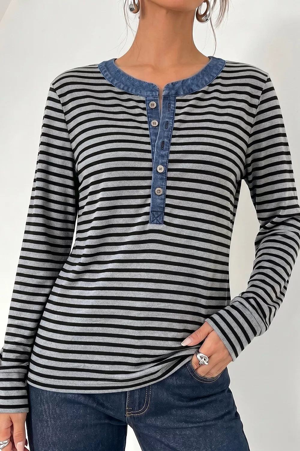 Stripe Denim Contrast Collar Half Button Long Sleeve Top