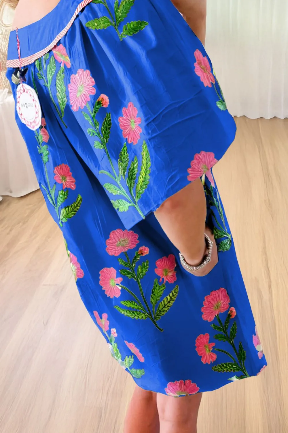 Floral Notched Summer Mini Dress with Striped Trim, image 4