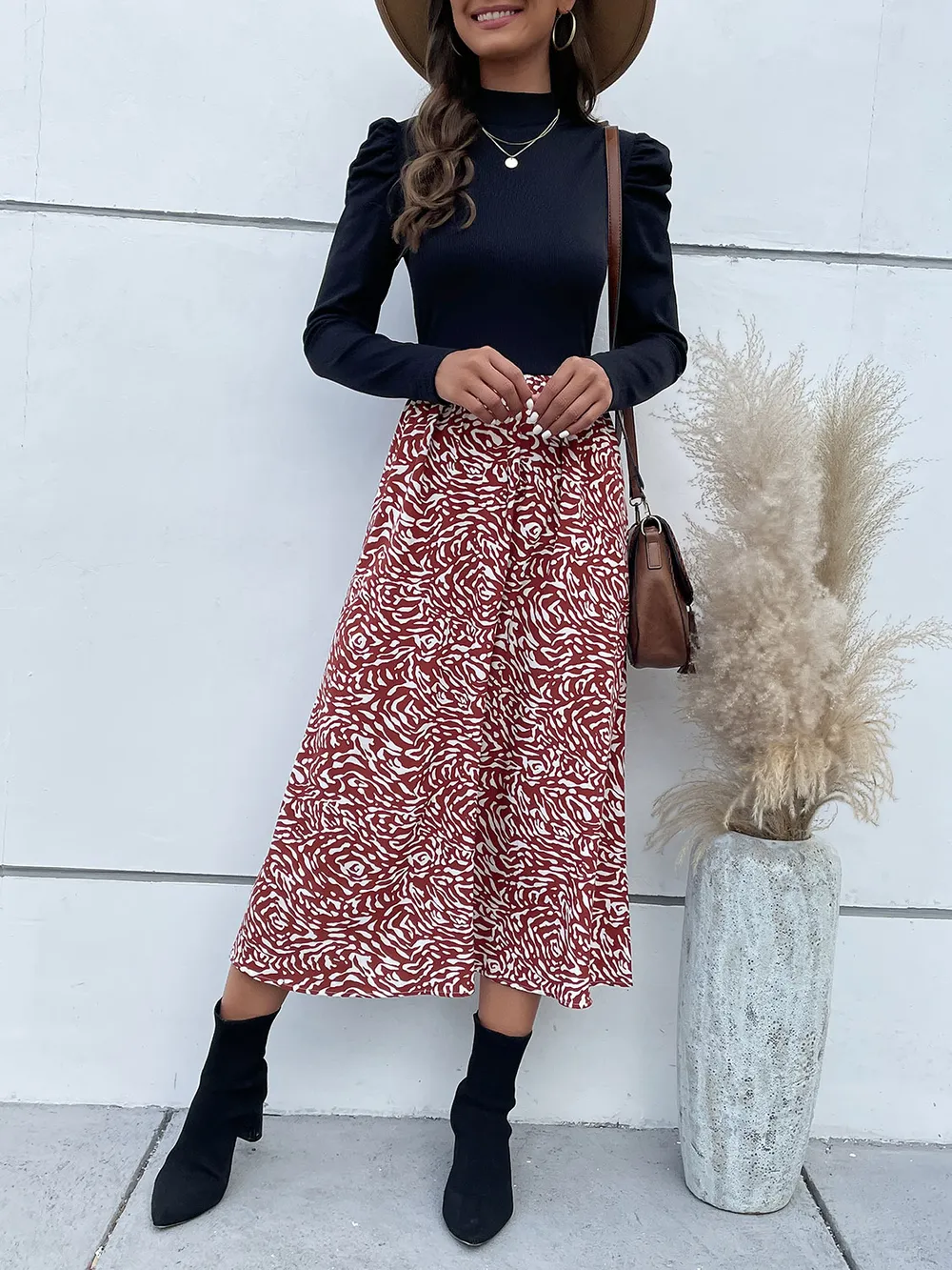Printed Mock Neck Puff Sleeve Midi Dress