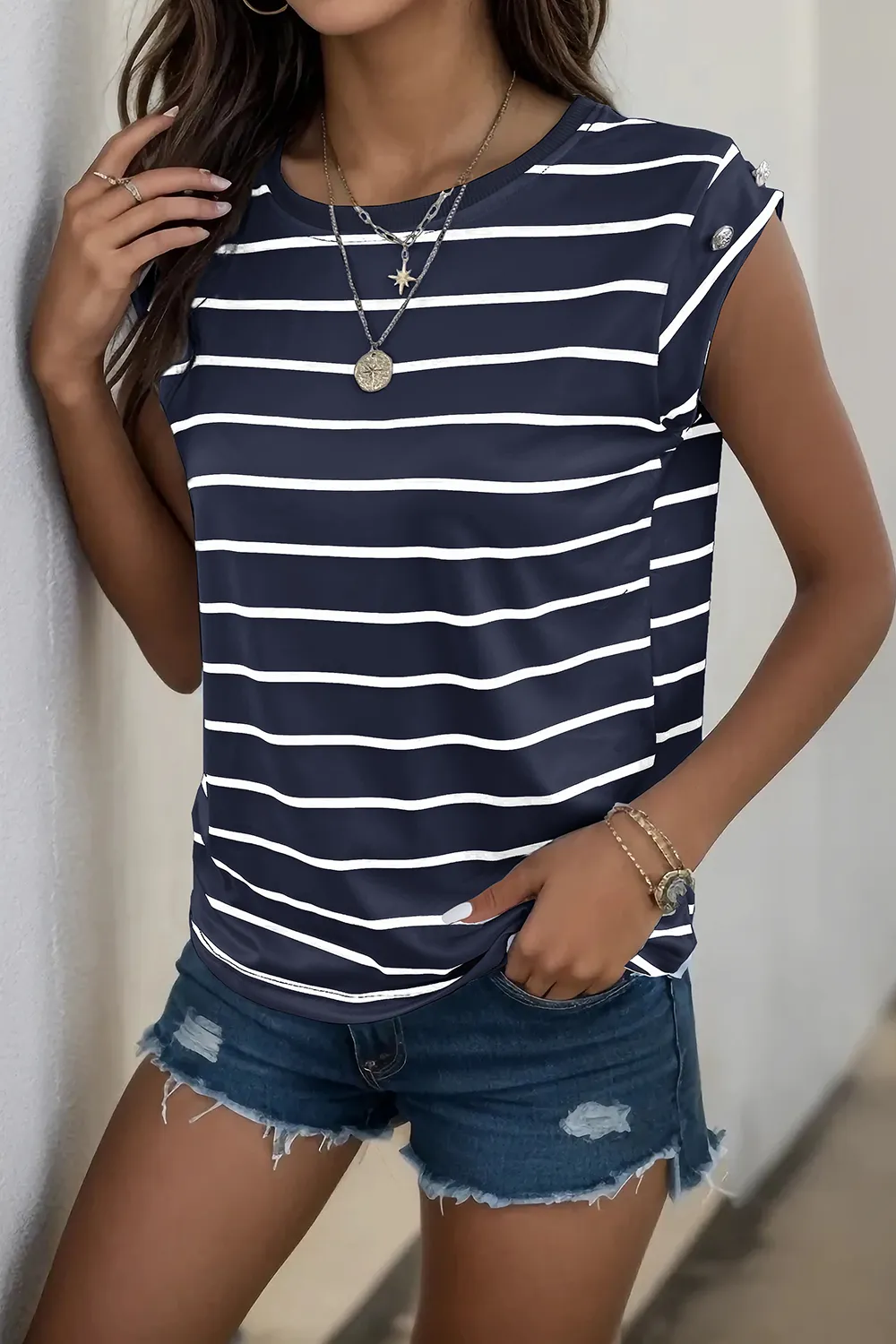 Decorative Button Round Neck T-Shirt, image 24