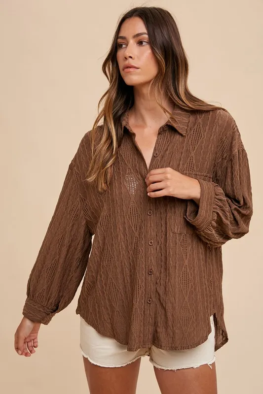 Openwork Button Down Drop Shoulder Shirt, image 5