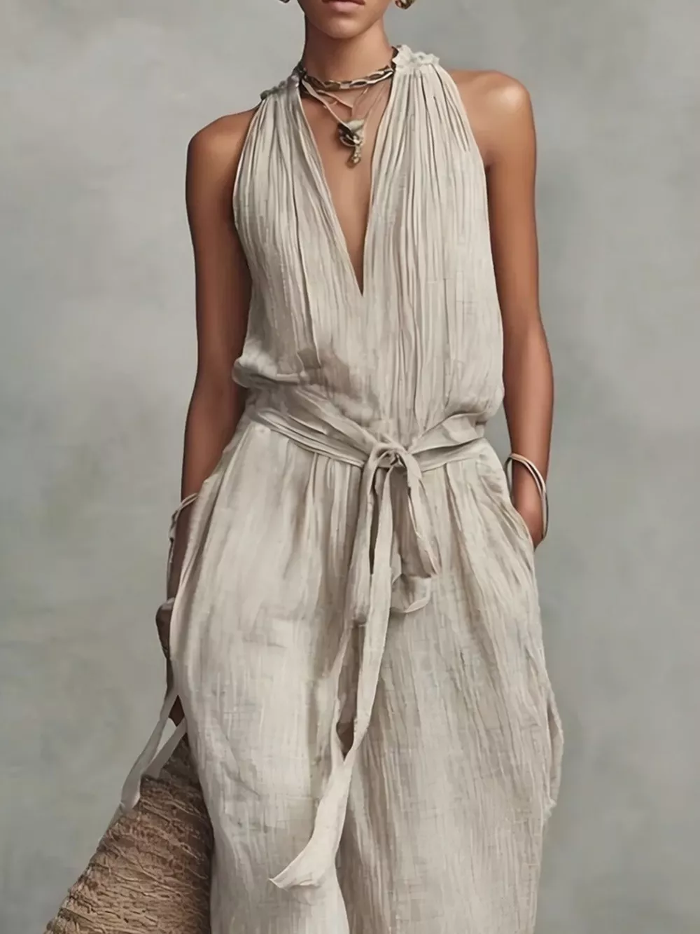 Sleeveless Wide-Leg Jumpsuit with Tie-Waist, image 2