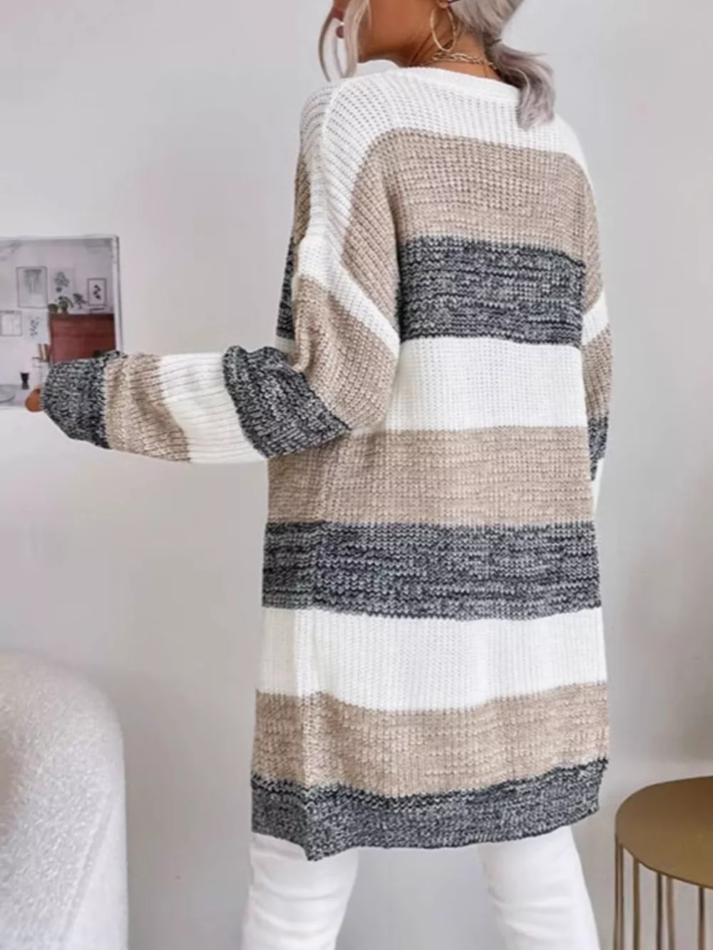 Color Block Striped Open Front Longline Cardigan, image 3