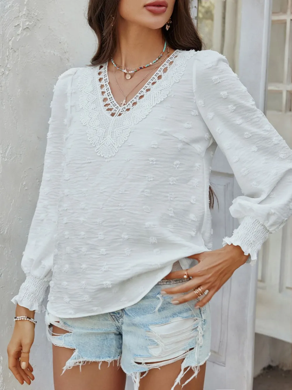 Swiss Dot Lace Detail V-Neck Long Sleeve Blouse, image 8