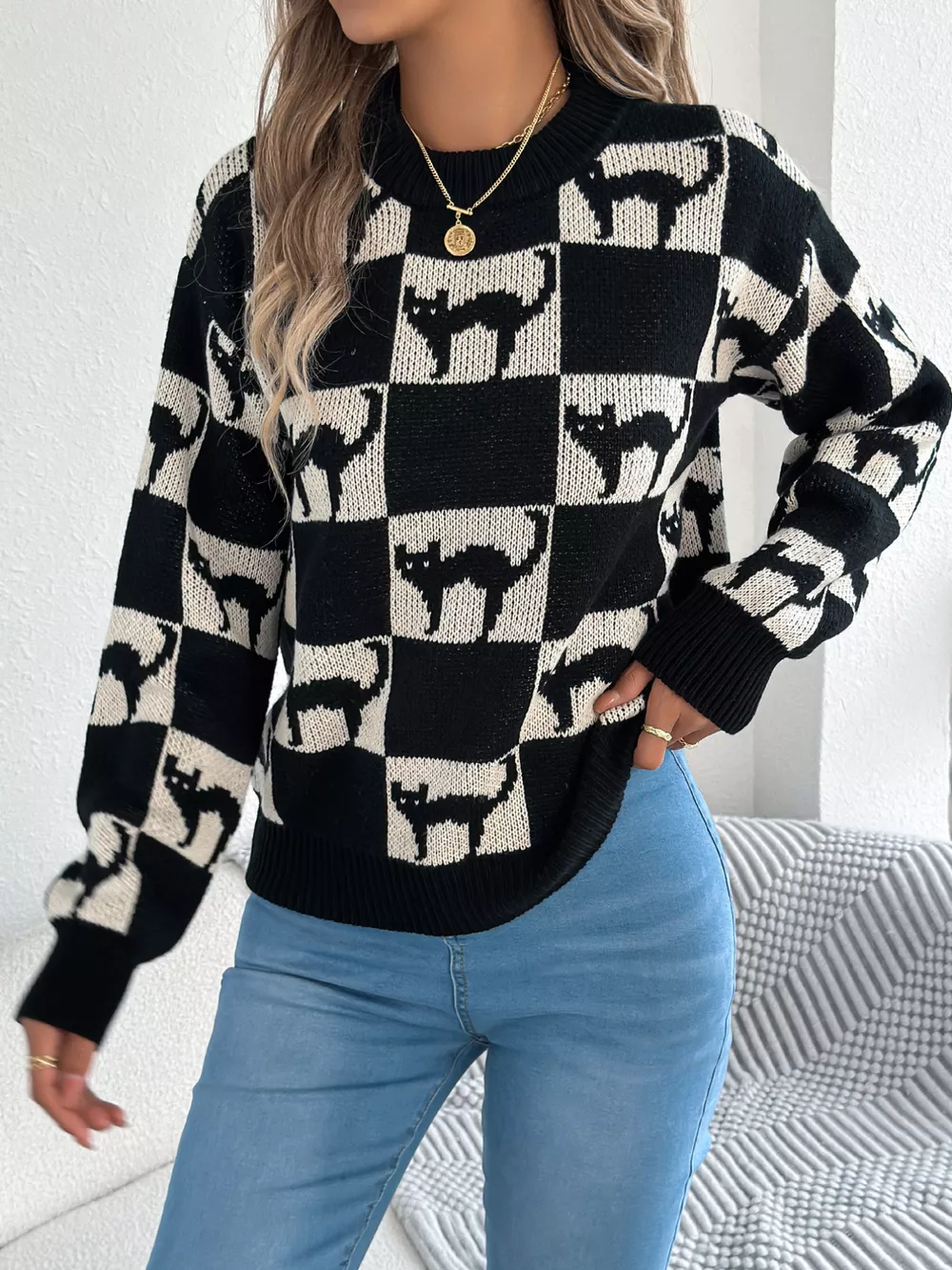 Cozy Cat Checkerboard Pattern Sweater, image 5