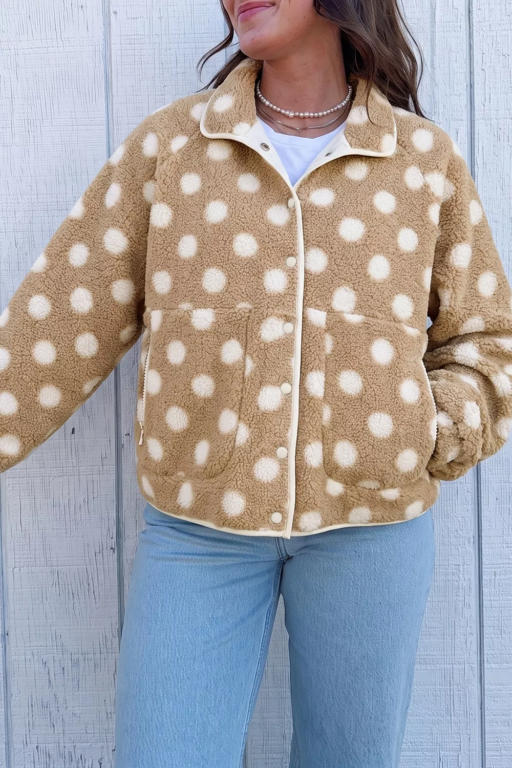 Polka Dot Faux Fur Metal Button Placket Shift Silhouette Jacket, image 5