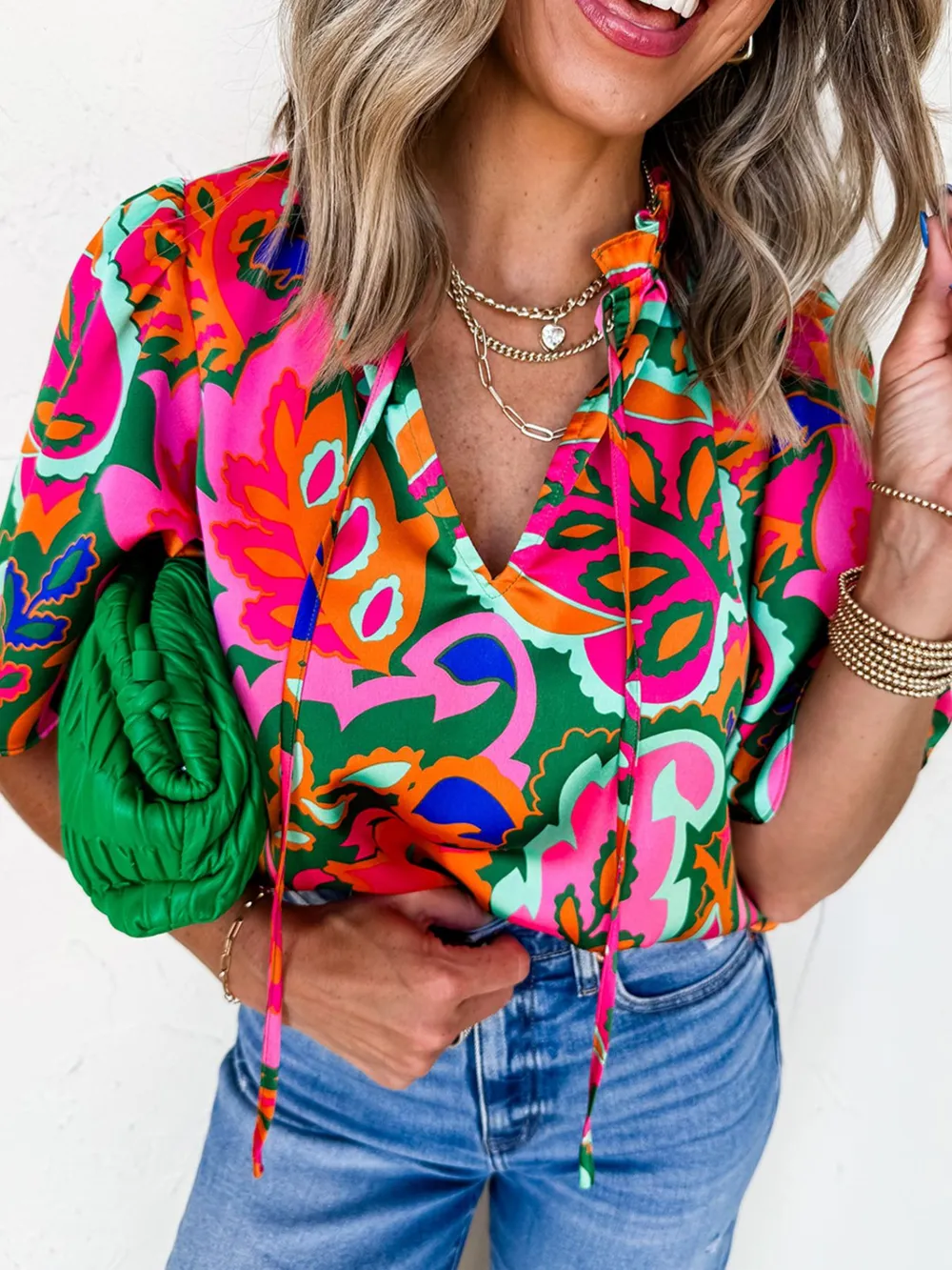 Tropical Print Short Sleeve Tie Neck Blouse, image 2