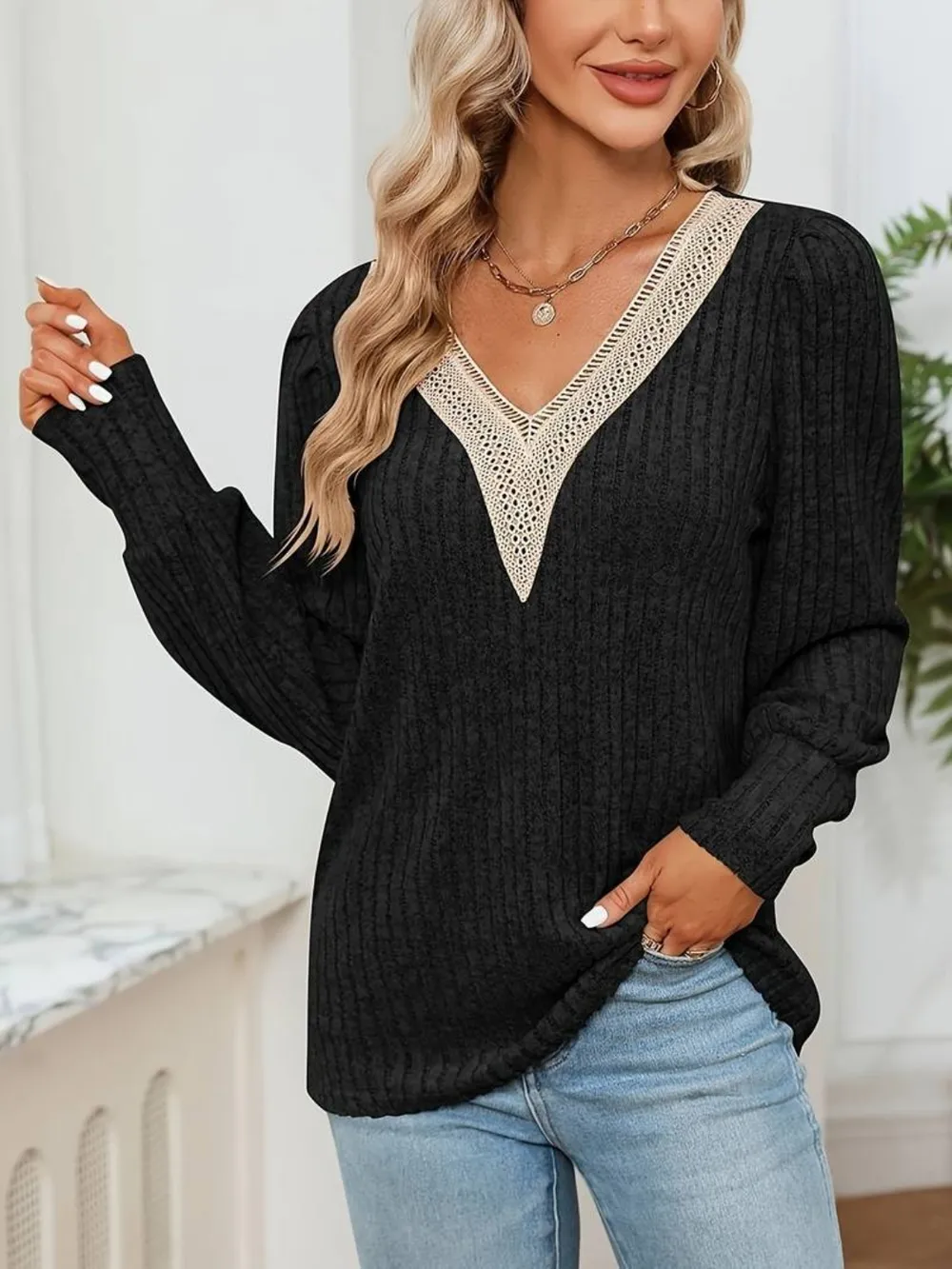 V-Neck Long Sleeve T-Shirt, image 5