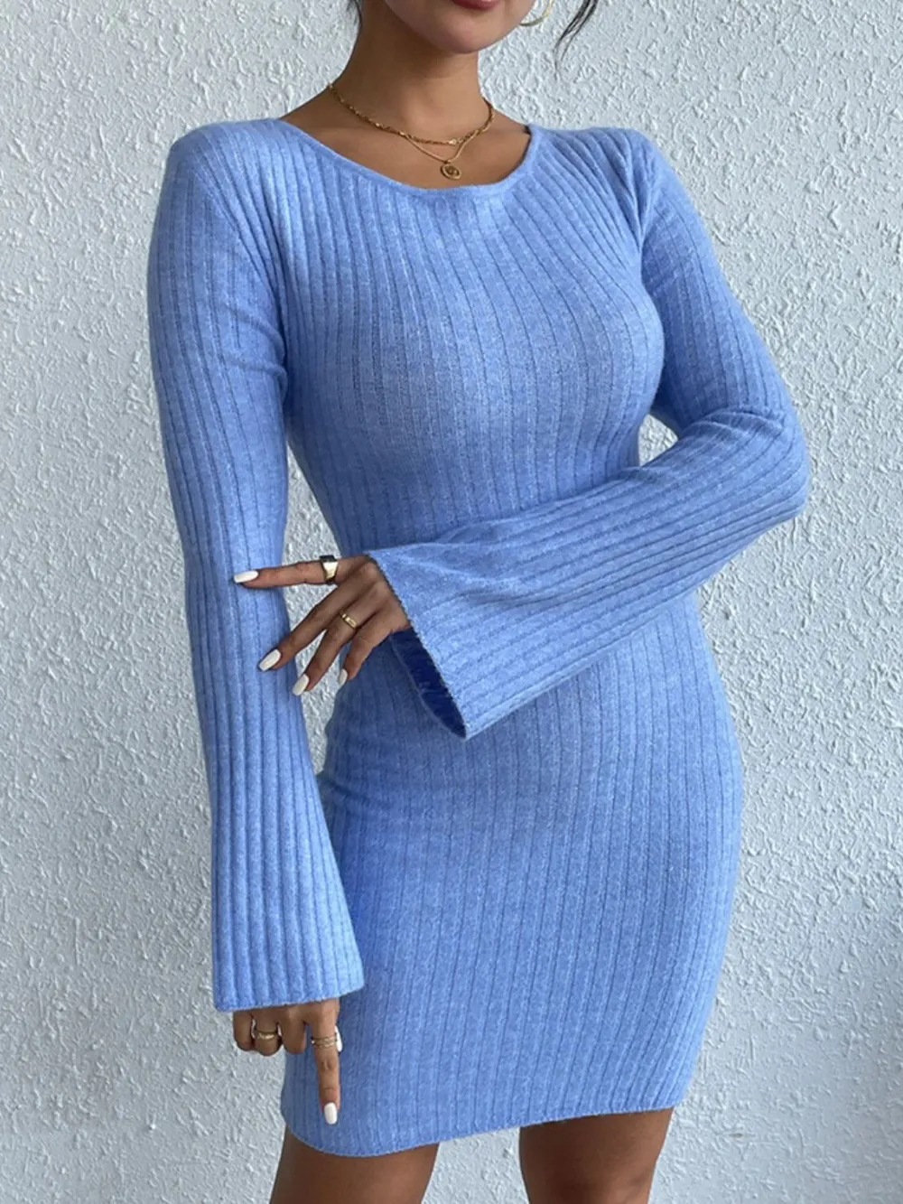 Backless Round Neck Long Sleeve Sweater Dress, image 9