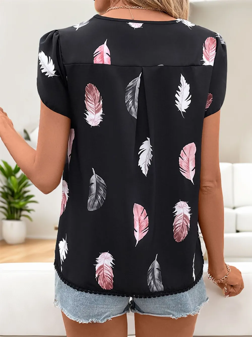 Printed V-Neck Short Sleeve Blouse, image 2