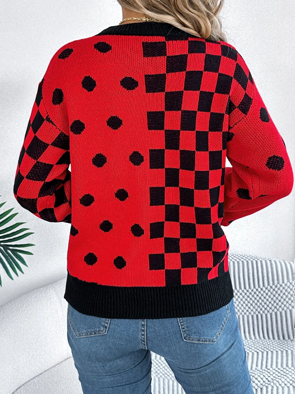 Plaid Round Neck Long Sleeve Sweater, image 9