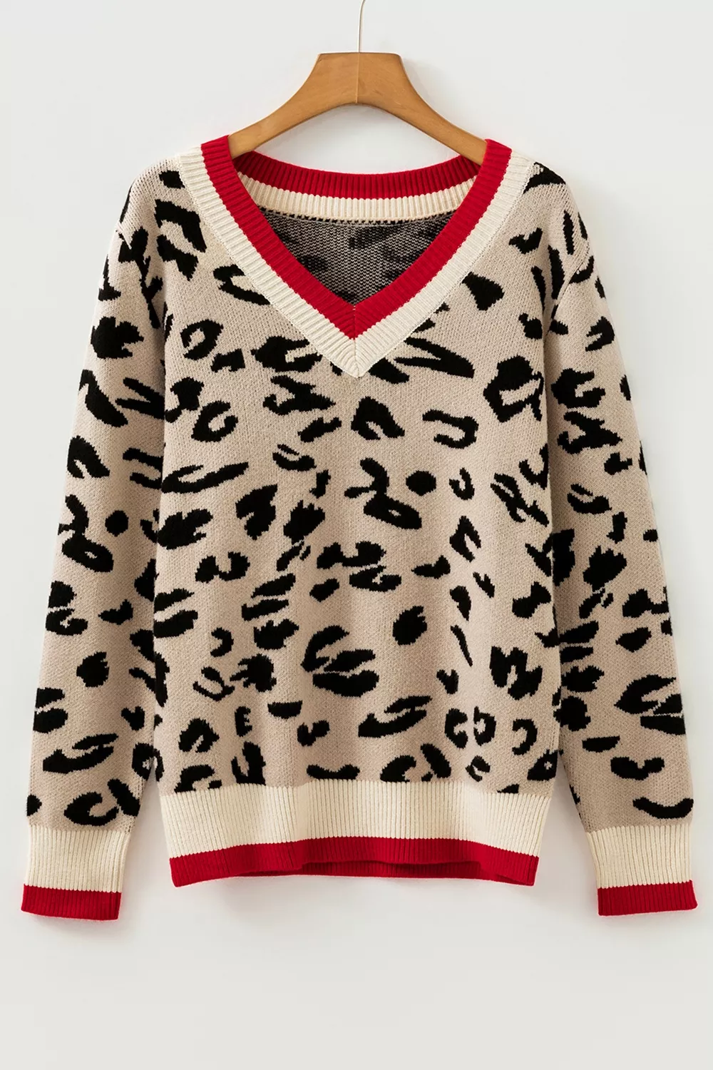 Leopard Pattern V-Neck Contrast Rib Knitted Sweater, image 5