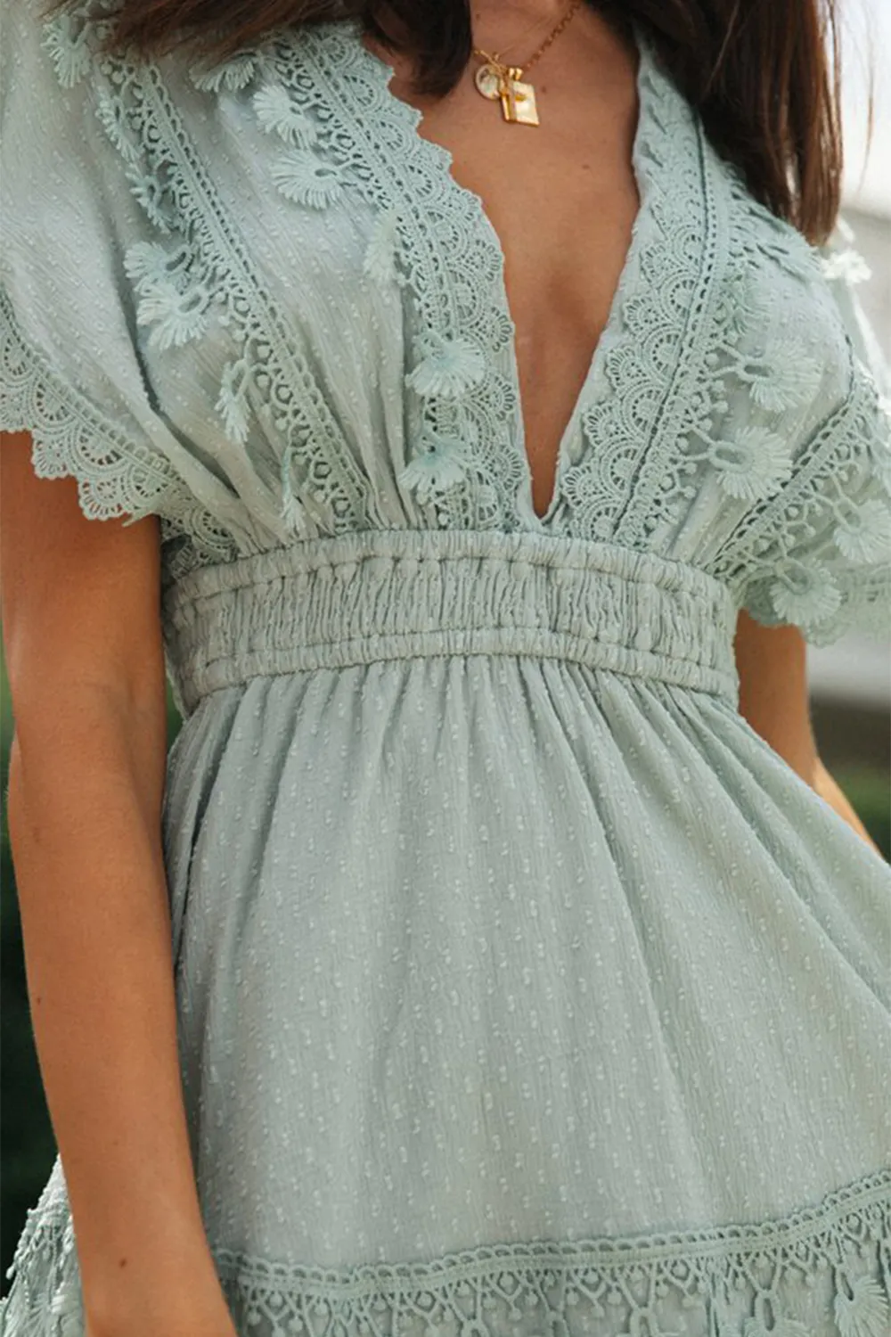 Lace Detail Plunge Short Sleeve Mini Dress, image 5