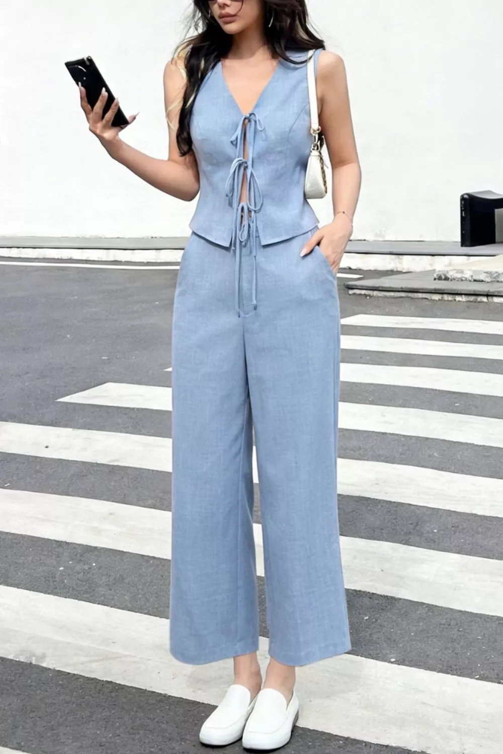 Tie Front Vest and Wide Leg Pants Set, image 3