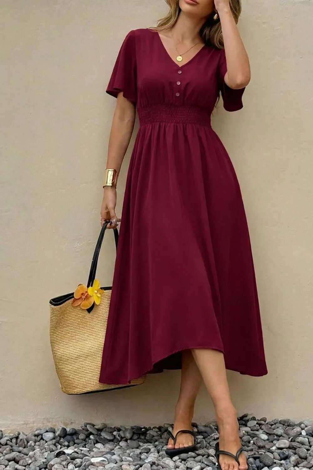 V-Neck Flutter Sleeve Midi Dress, image 2