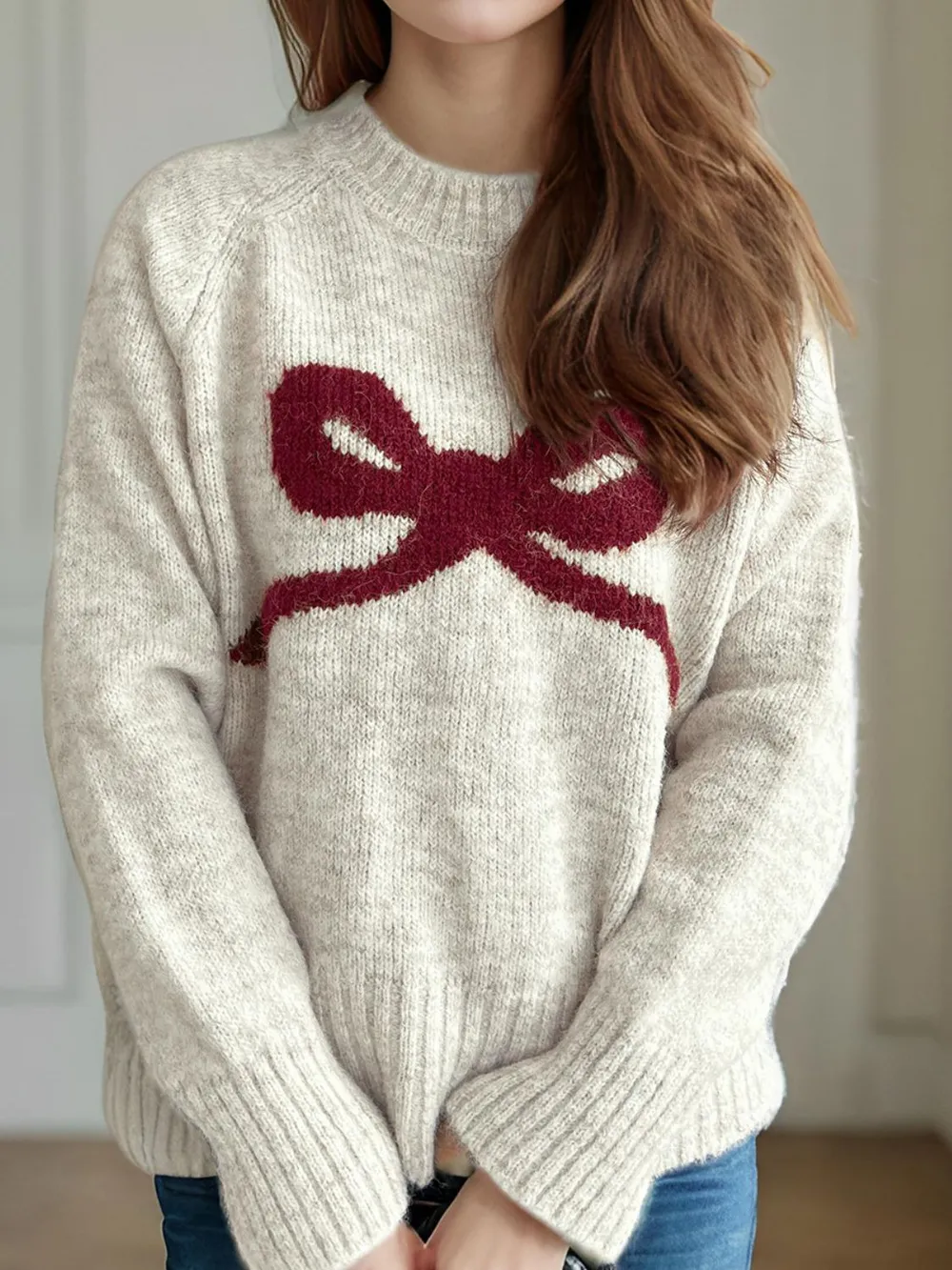 Bow Round Neck Long Sleeve Sweater, image 3