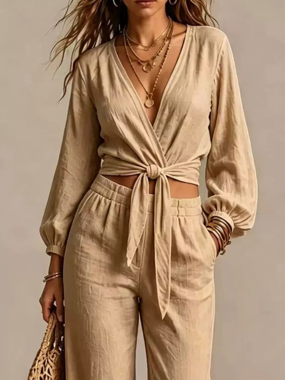 Tie-Front Crop Top and Wide-Leg Pant Set, image 8