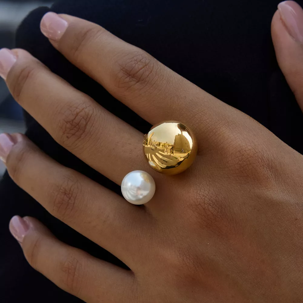 18K Gold-Plated Orb & Pearl Open Ring, image 3