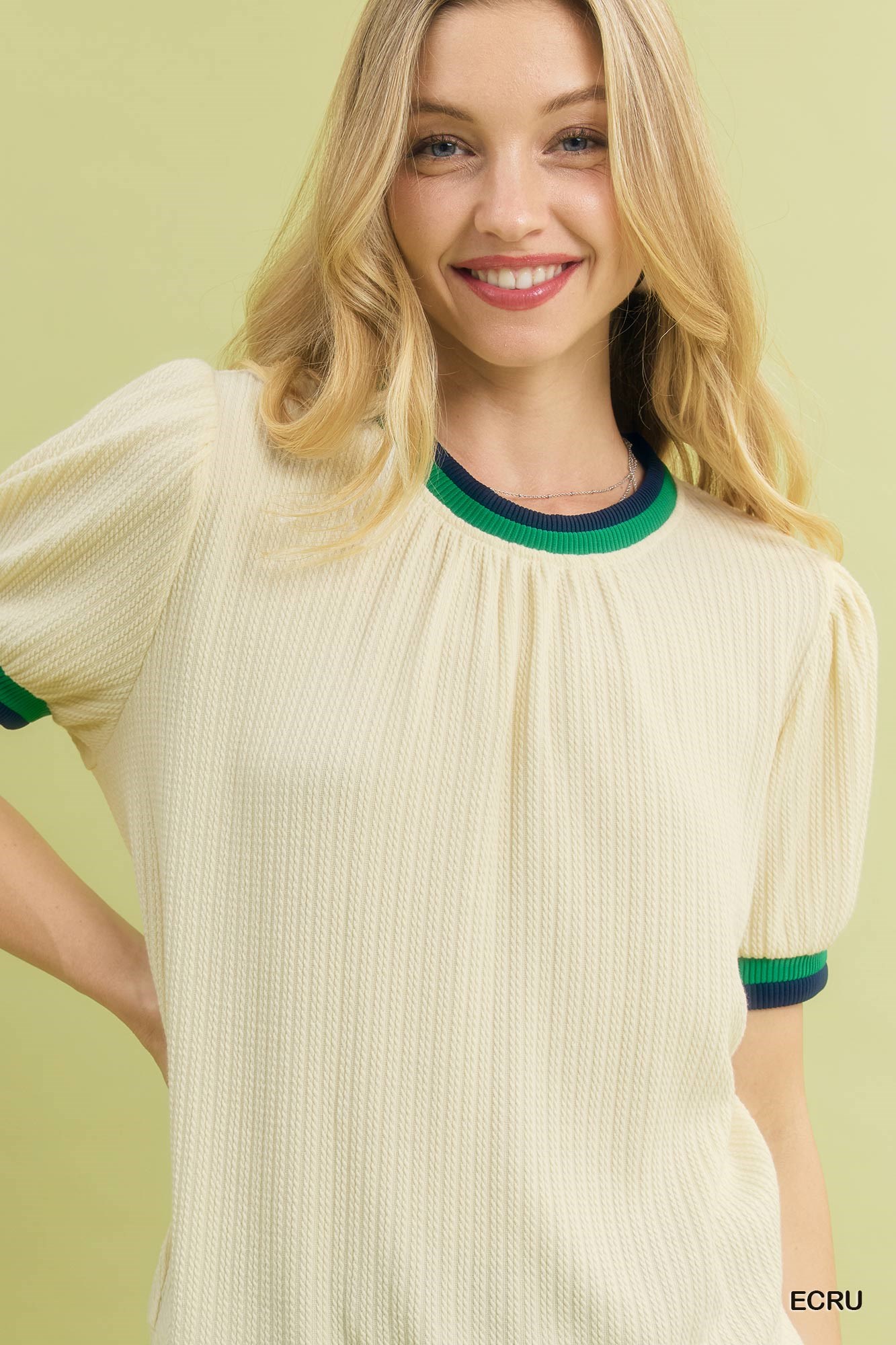 Puff Sleeve Knit Top with Contrast Rib Trim, image 4