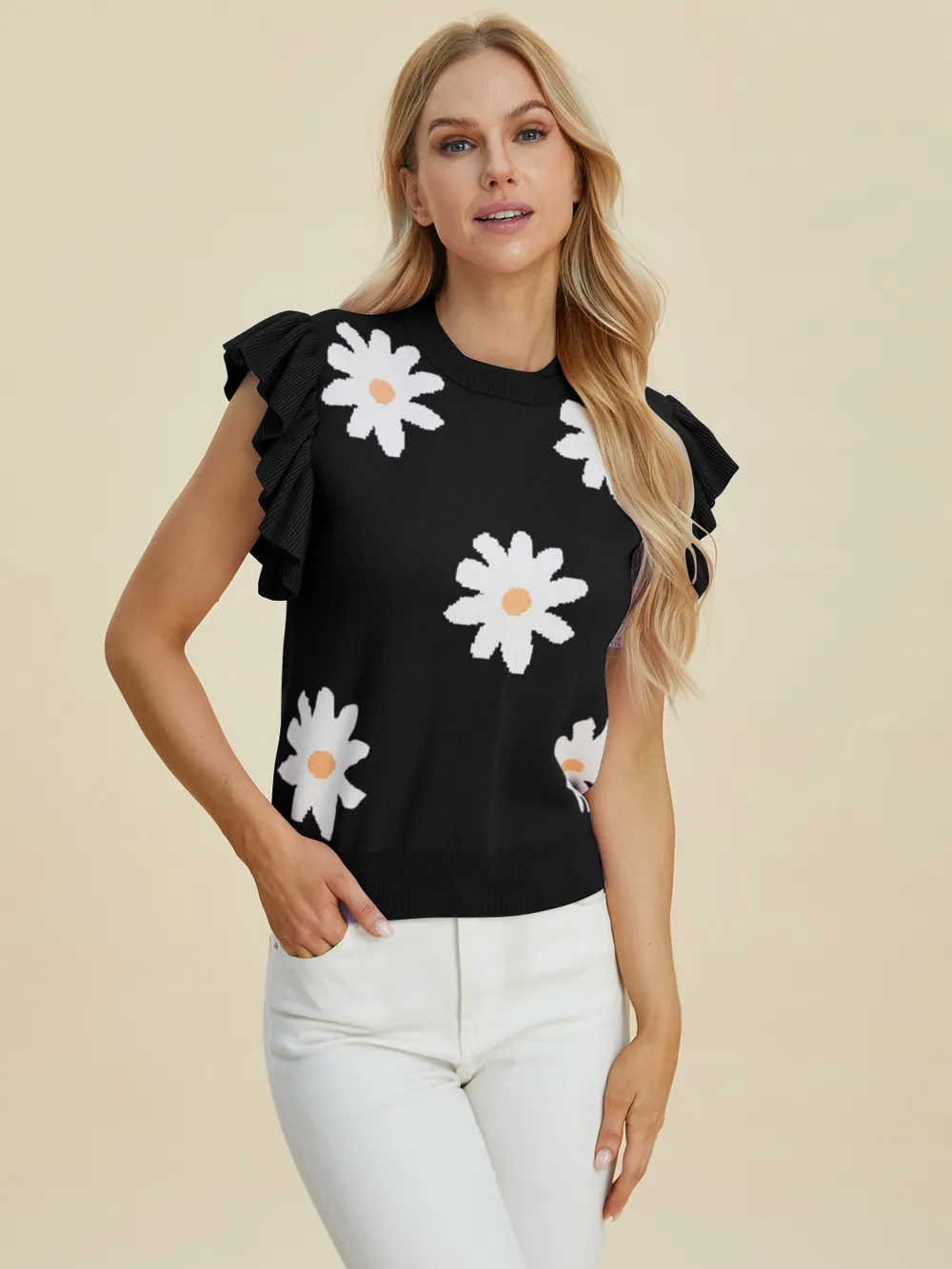 Full Size Ruffled Flower Round Neck Cap Sleeve Sweater, image 5