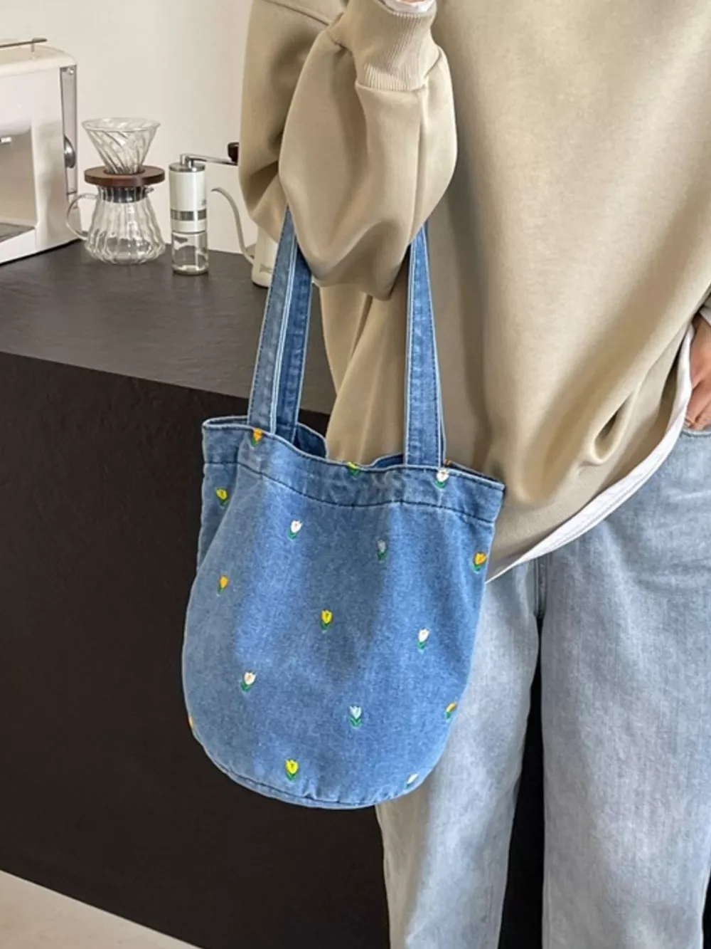 Floral Embroidered Denim Handbag, image 3