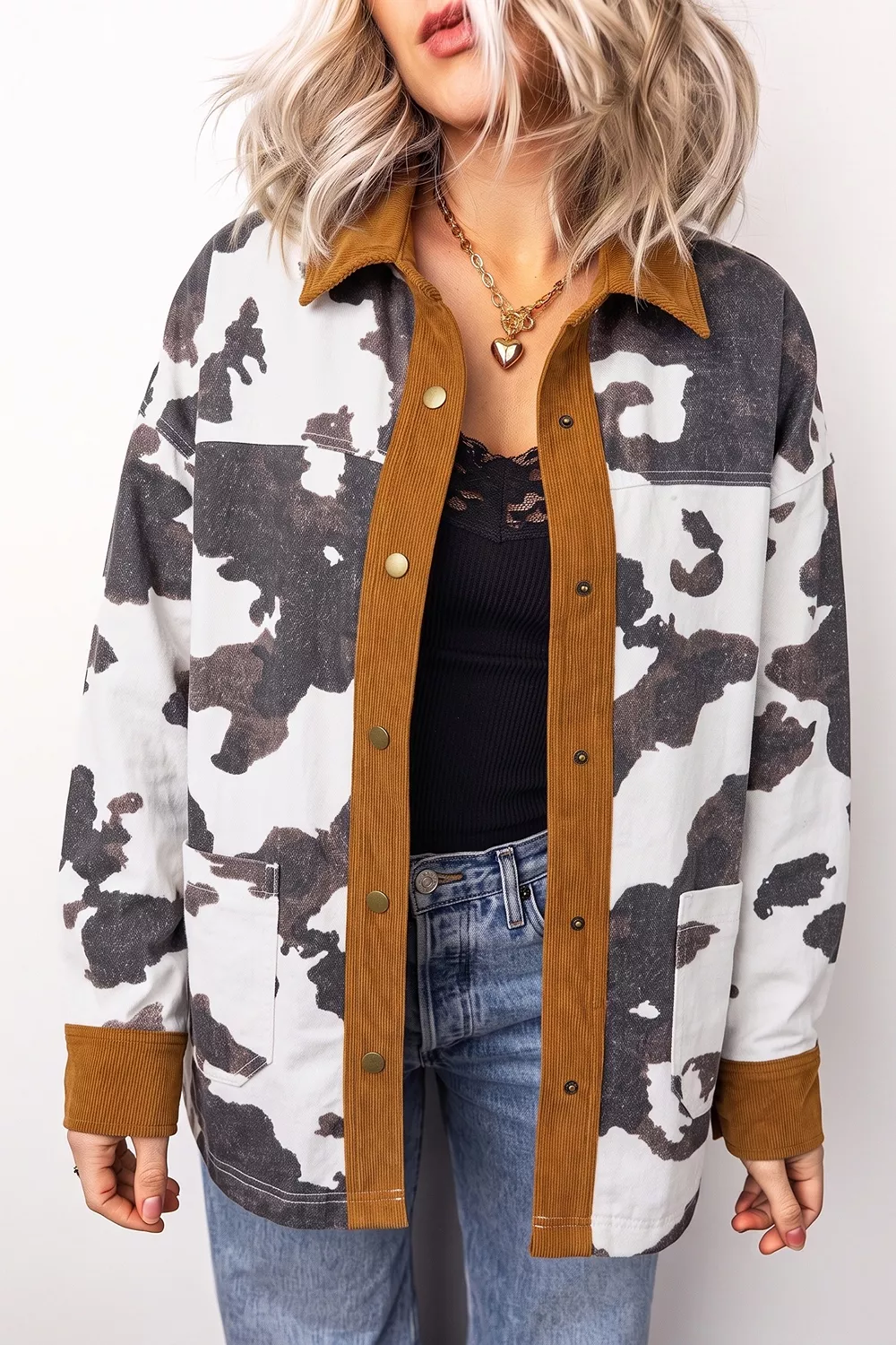 Multicolour Western Cow Print Long Sleeve Button-Up Denim Jacket, image 2