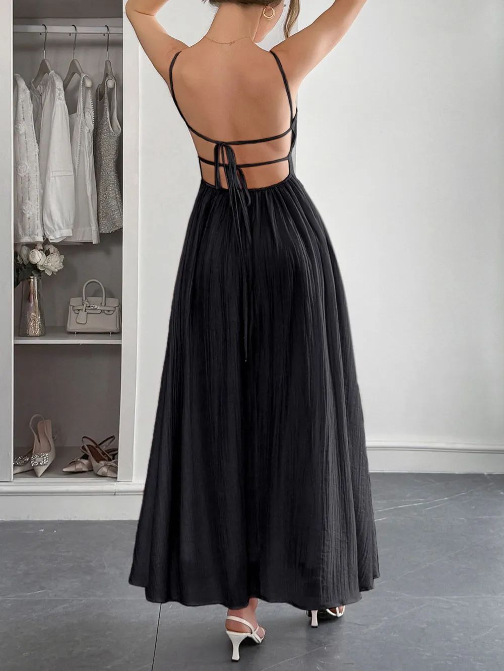 Texture Sweetheart Neck Backless Cami Dress, image 3