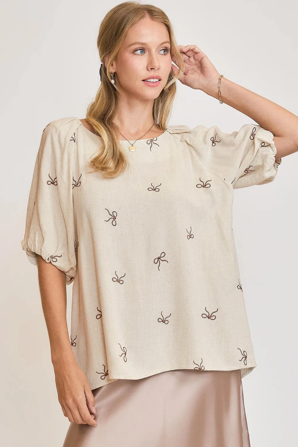 Full Size Linen Blend Ribbon Embroidered Top Plus Size