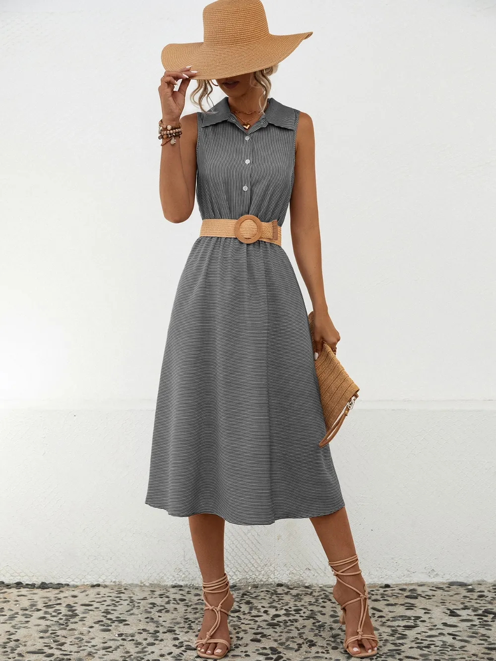 Striped Collared Neck Sleeveless Midi Dress, image 9