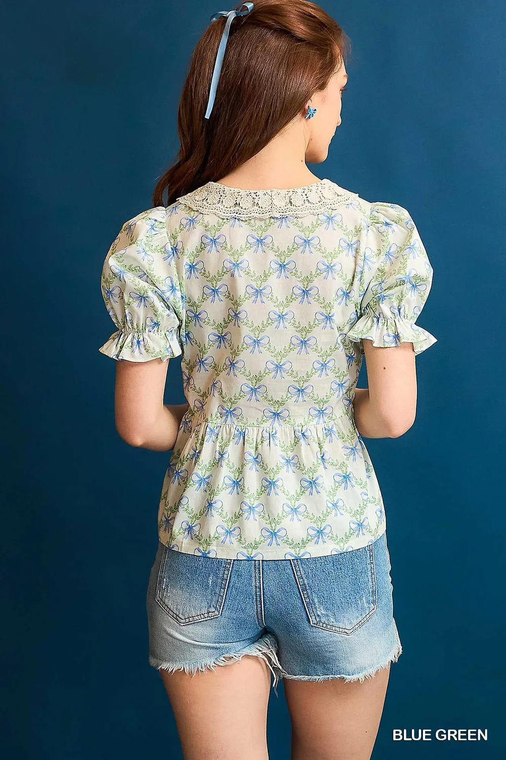 Lace Detail Bow Print Flounce Sleeve Blouse, image 3