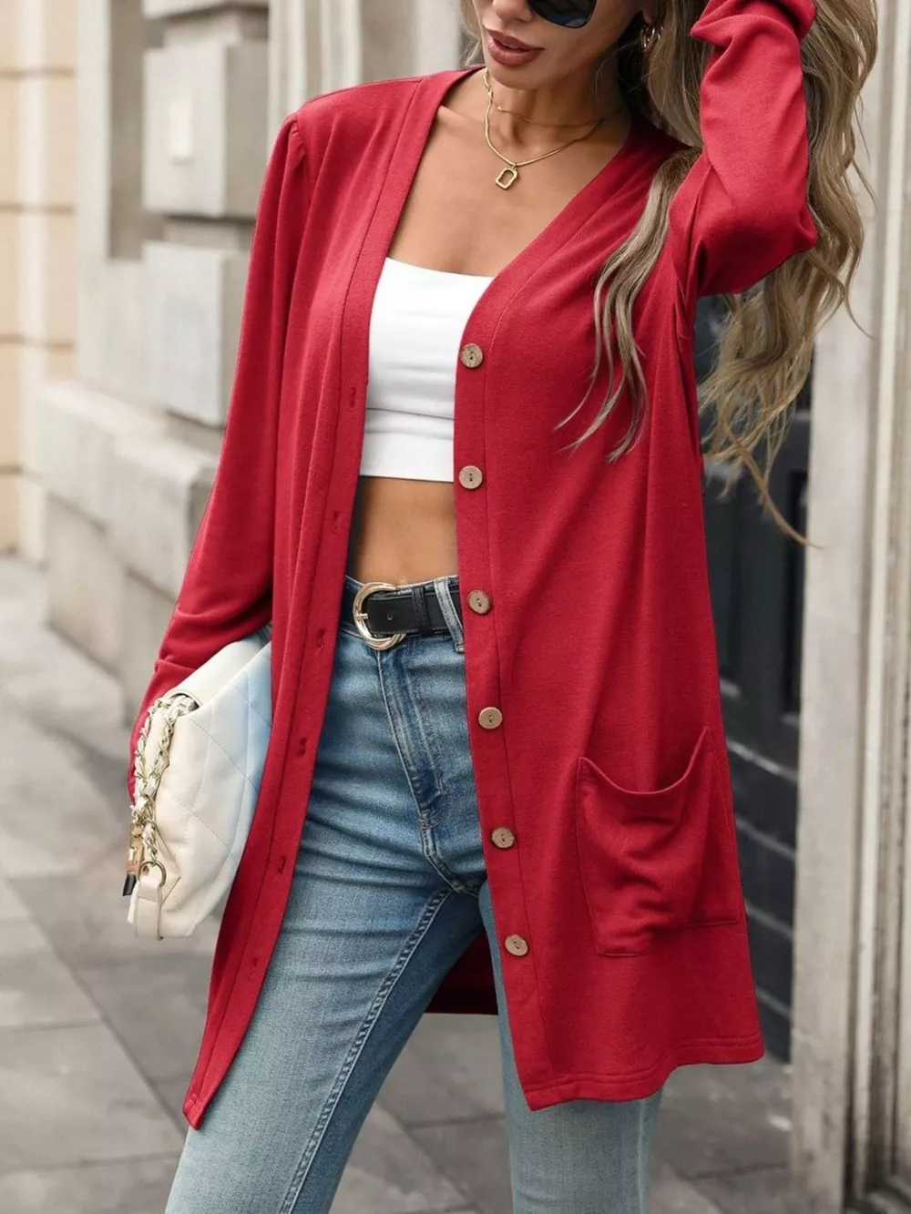 V-Neck Button-Up Long Sleeve Cardigan with Pockets, image 12