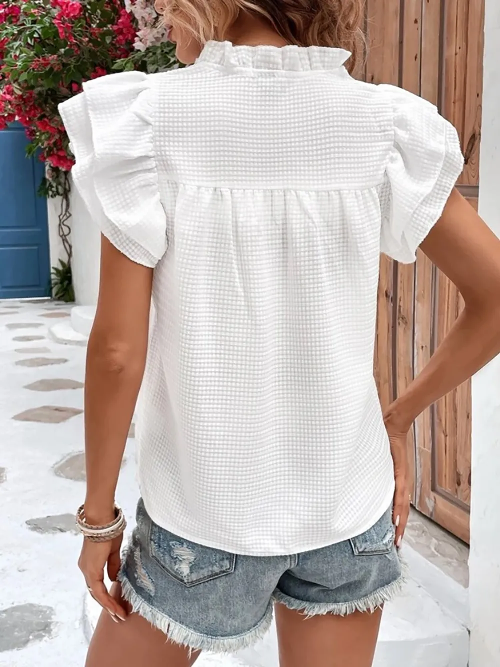 Ruffled Notched Cap Sleeve Blouse, image 5