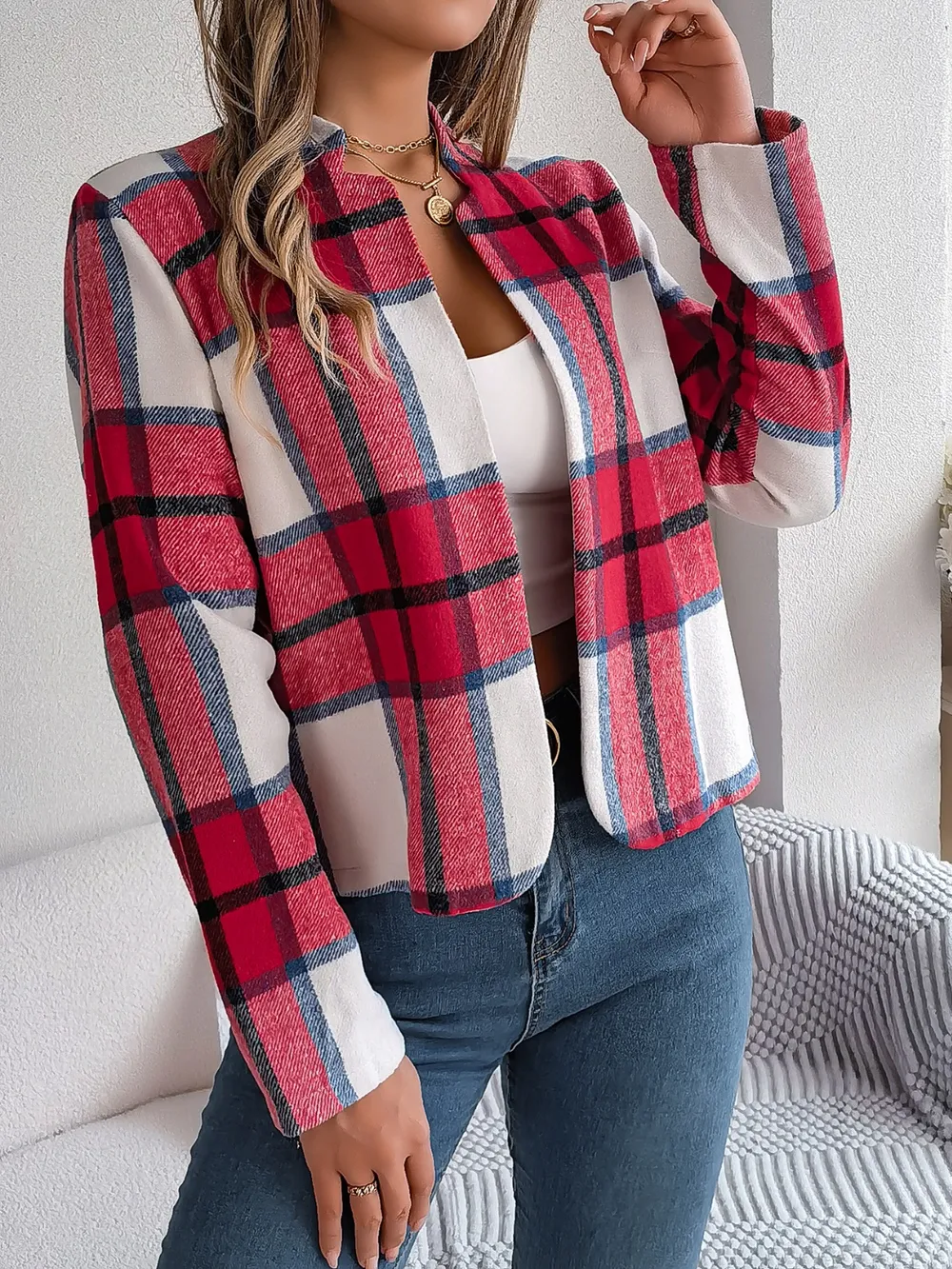Plaid Open Front Long Sleeve Jacket, image 14