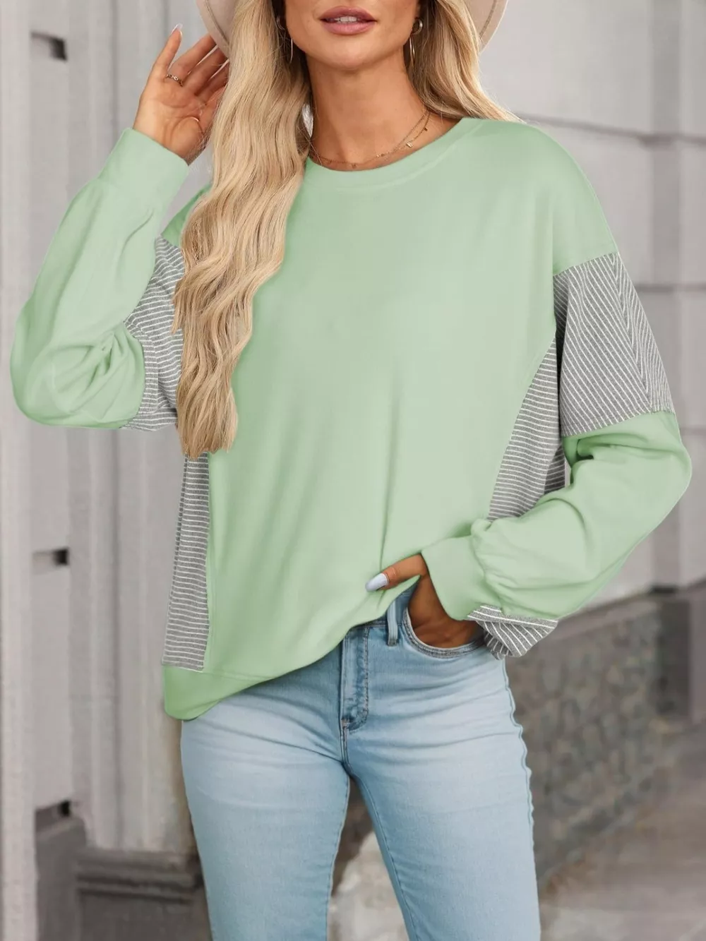 Color Block Striped Sleeve Casual Sweatshirt, image 20