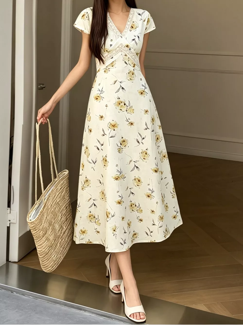 Floral V-Neck Midi Dress with Lace Trim