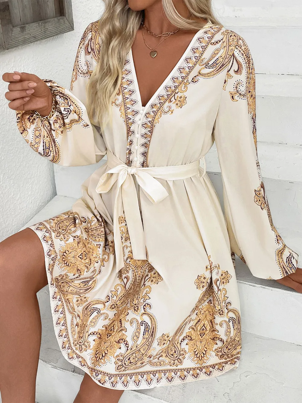 Printed Tie Waist Long Sleeve Dress, image 7
