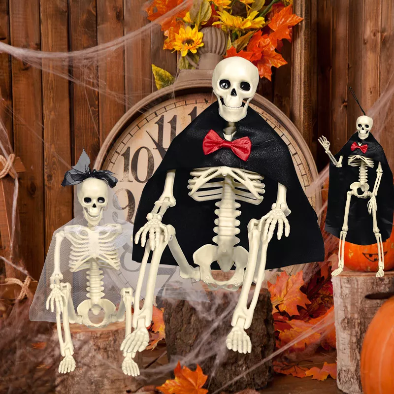 Halloween Posable Skeleton Couple with Wedding Veil and Cape, image 3